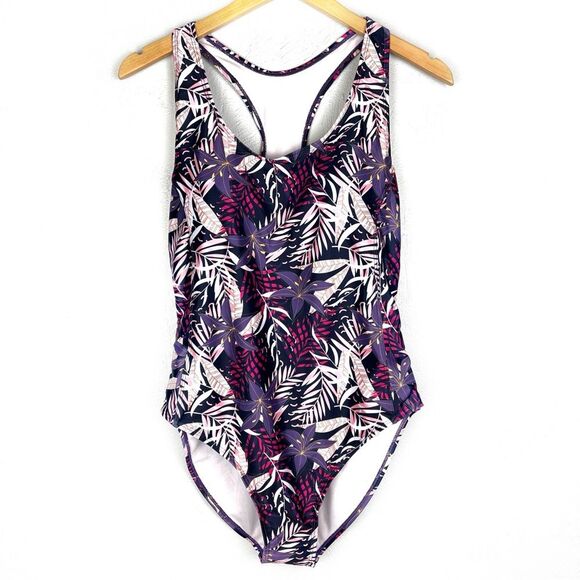Nicole Miller Purple Palm Print Racer Back One Piece Swimsuit size large - Picture 1 of 6